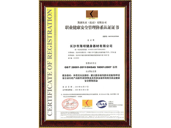 職業(yè)健康安全管理體系認證證書2